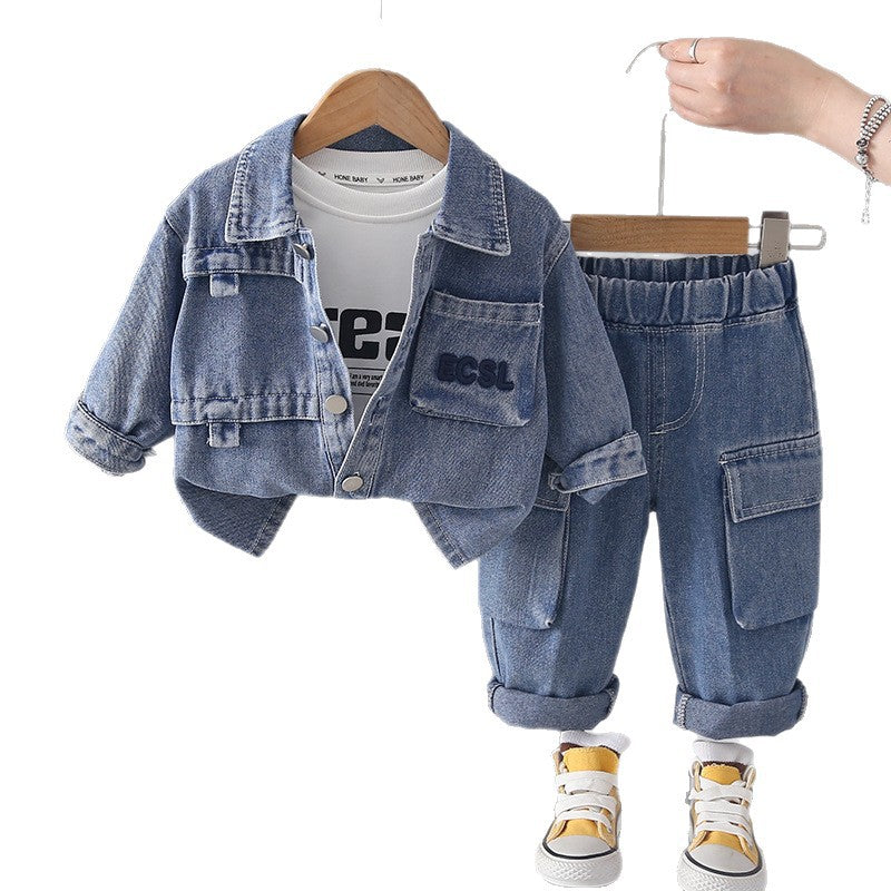 Cowboy coat baby autumn long sleeved three piece set
