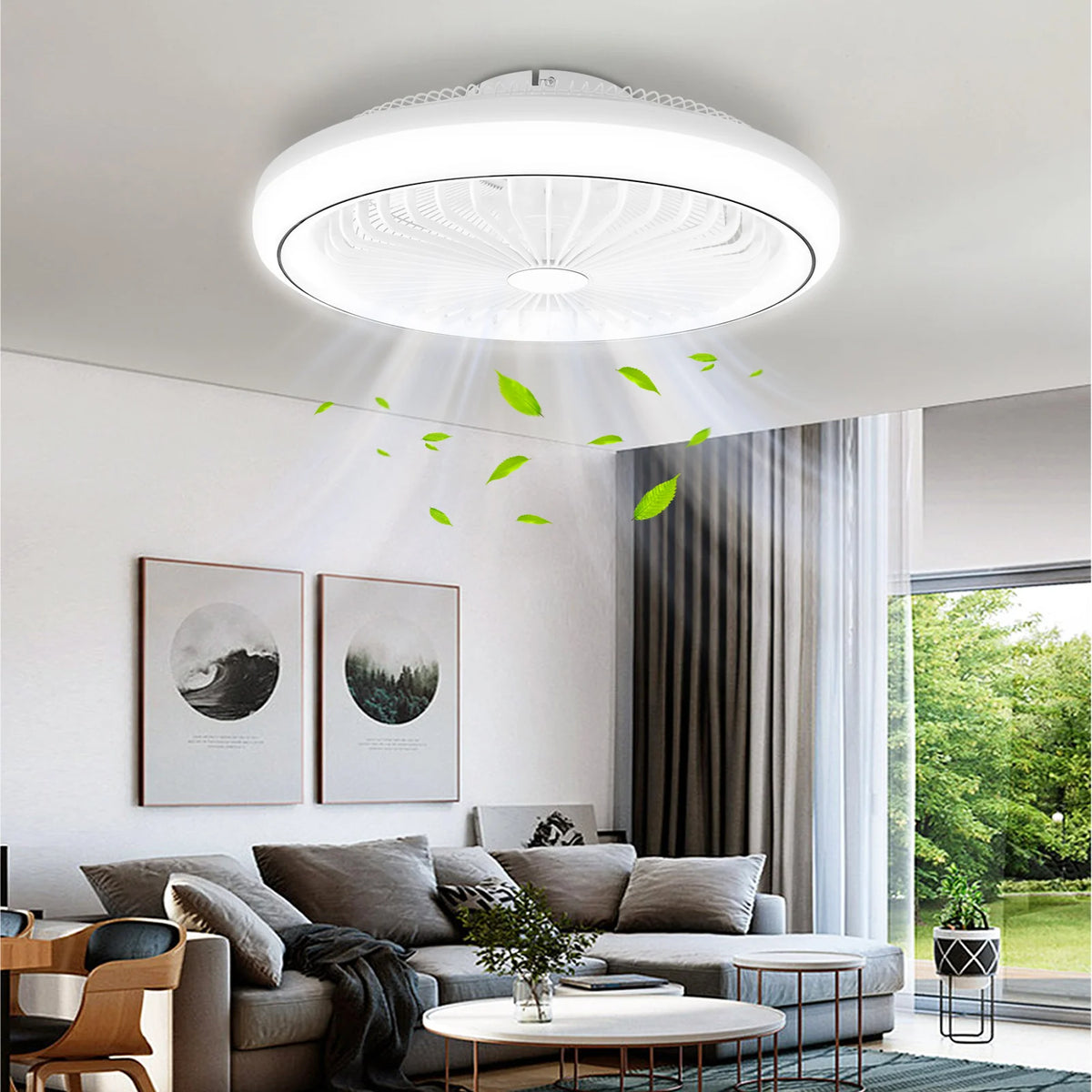 LED Bladeless Ceiling Fan Light Remote Control Dimmable Quiet Powerful Airflow for Living Room Bedroom Home Decor