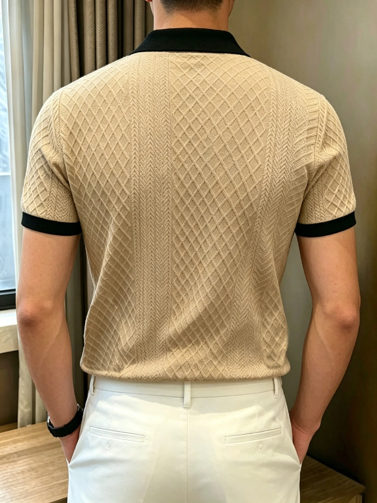 Men's Mature Business Contrast Collar Diamond Jacquard Short Sleeve Polo, Ribbed Collar, 2-Button Placket for Office Commute & B