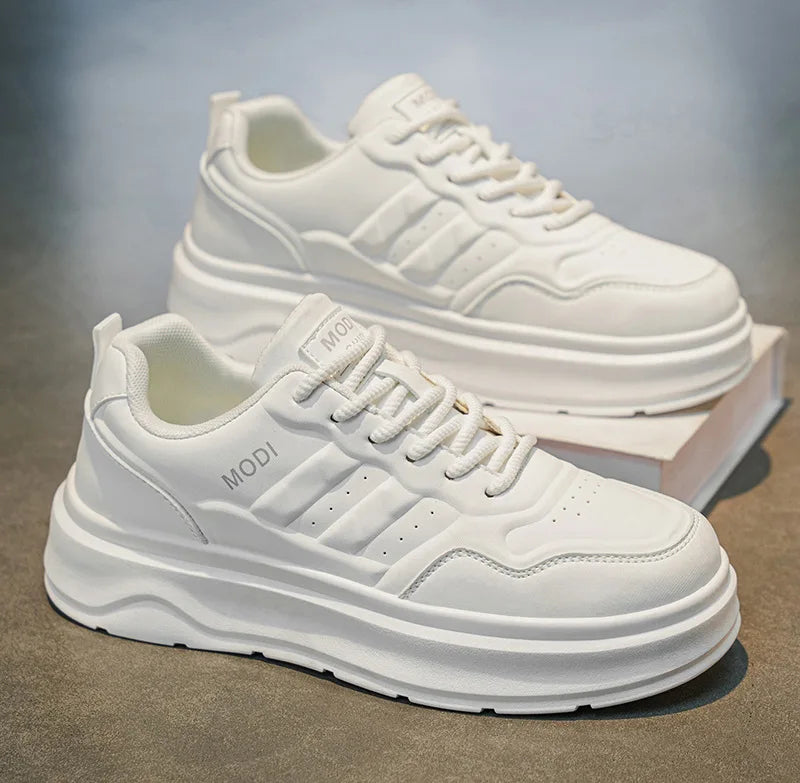 2026 Summer Men's White Platform Sneakers Leather Casual Shoes Thick Sole Streetwear Trendy Footwear