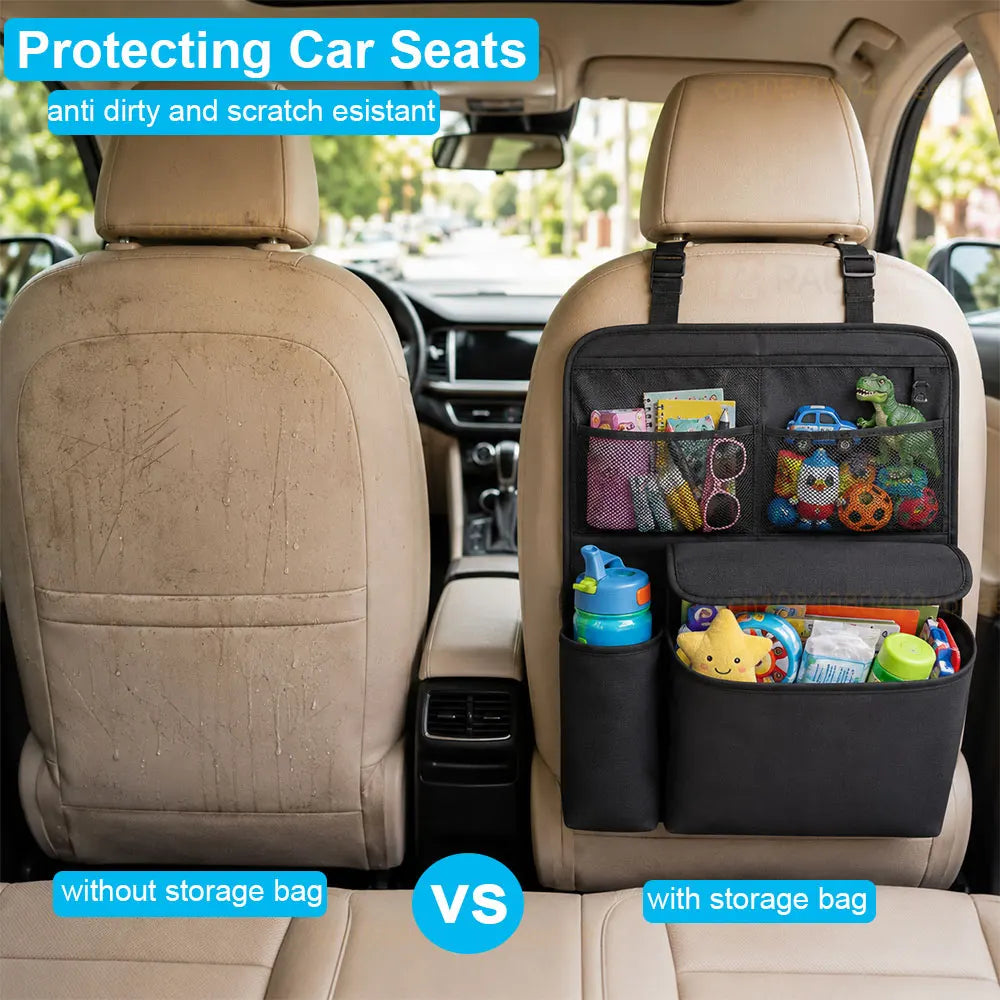 Car Seat Storage Bag Multifunctional Car Backseat Organizer 4-Pocket Wear-Resistant Tissue/Cup Holder Waterproof Anti-Kick Pad