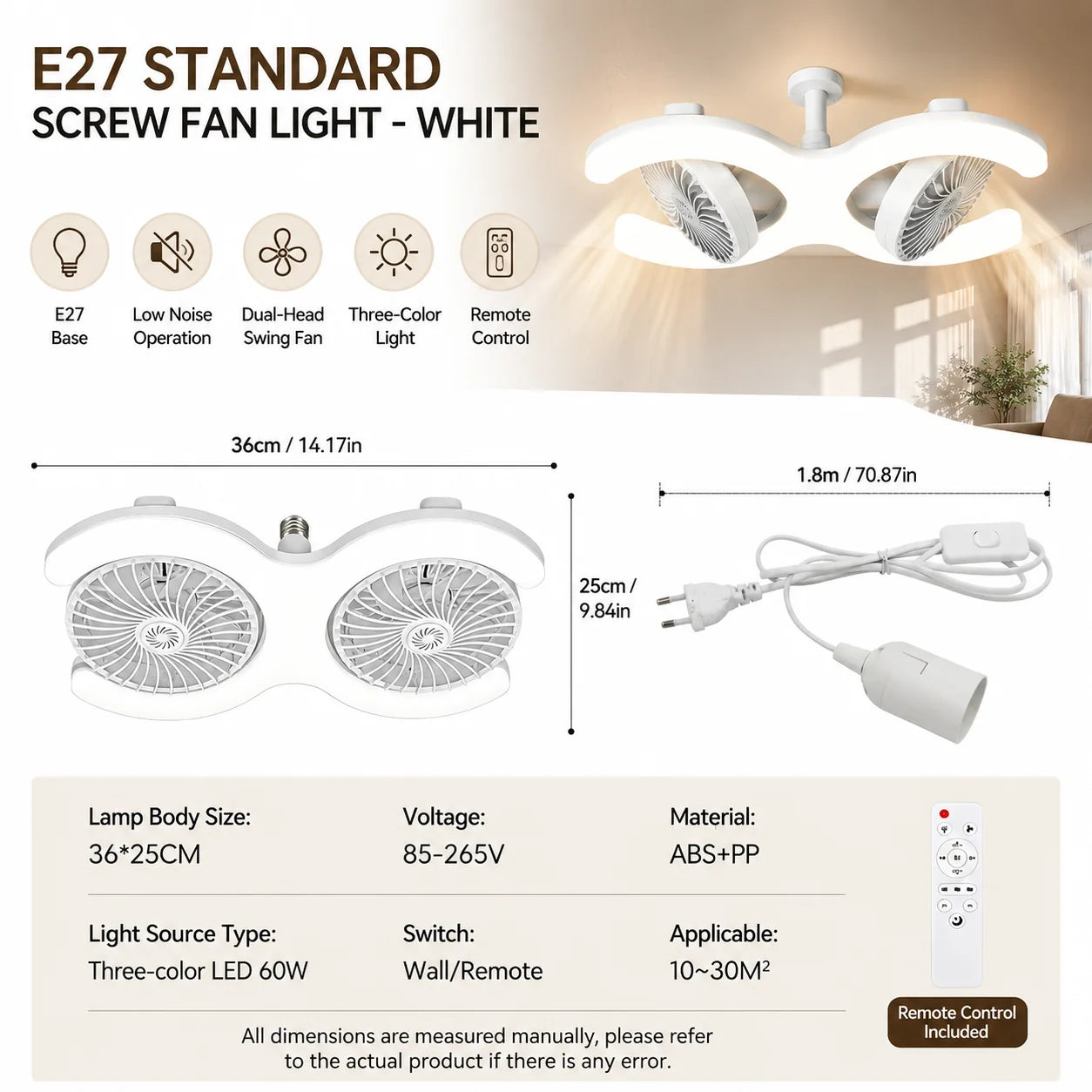 Double Head E27 Ceiling Fan Light with Remote Control Adjustable Angle and Silent Design Suitable for Bedrooms and Living Rooms