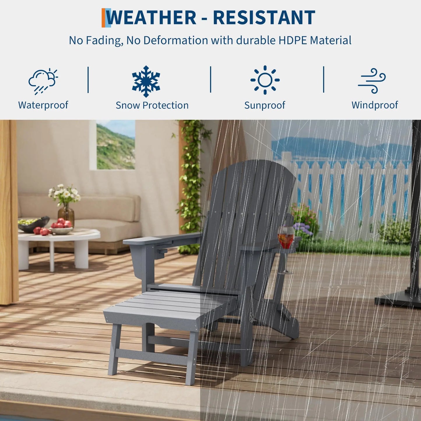 Rocking Chairs Folding With Footrest, Adirondack RockingChair Outdoor With Retractable Ottoman and Cup Holder