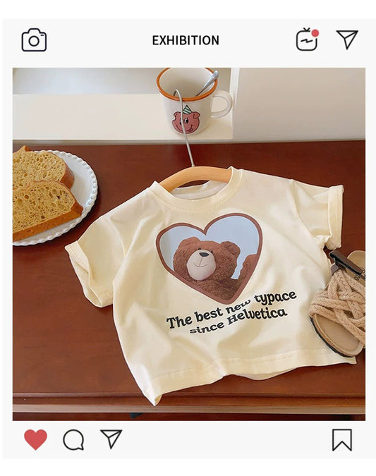Children's Short Sleeve T-Shirt Cute Baby Cartoon Bear Mid and Small Boys and Girls Top