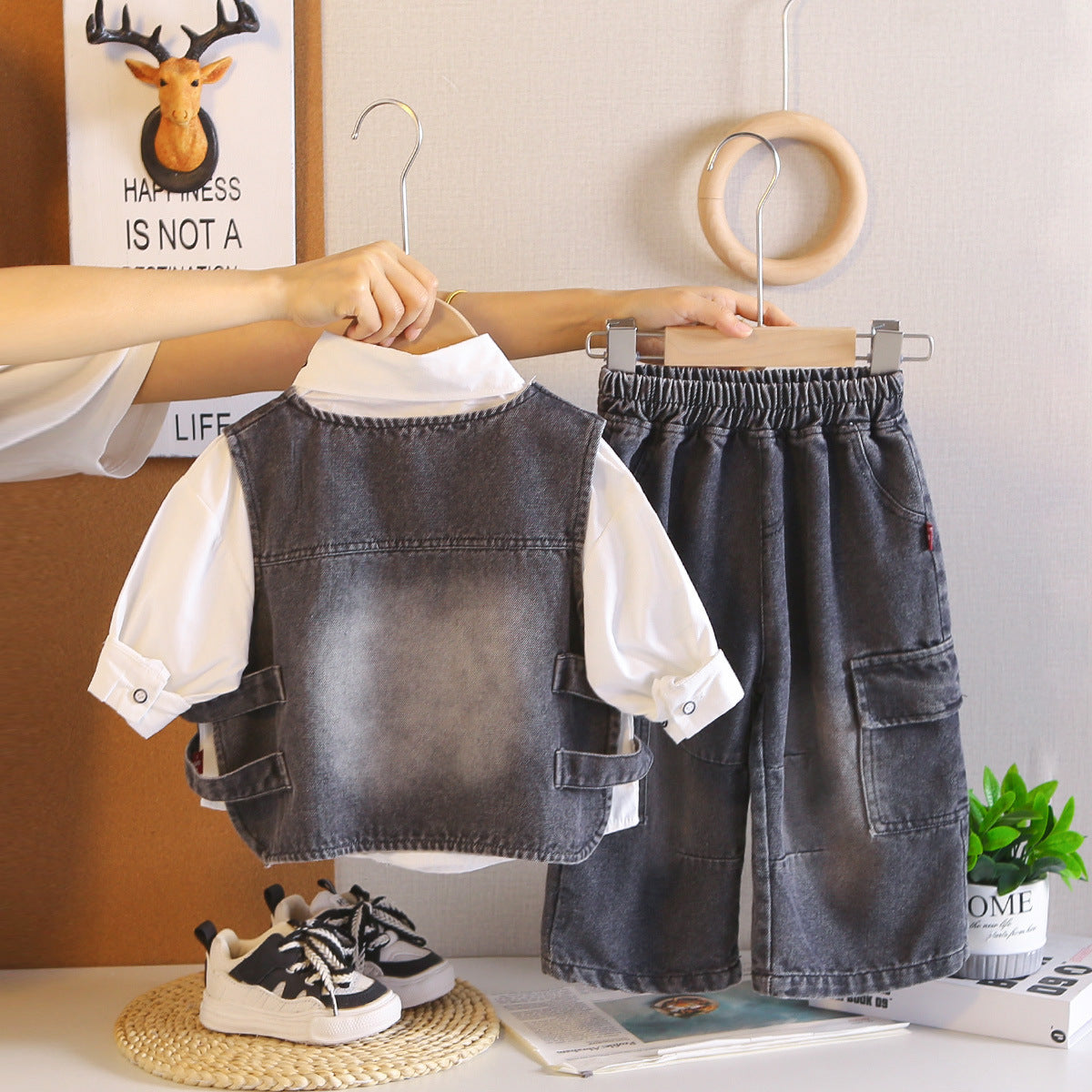 Autumn denim vest long sleeved three piece set