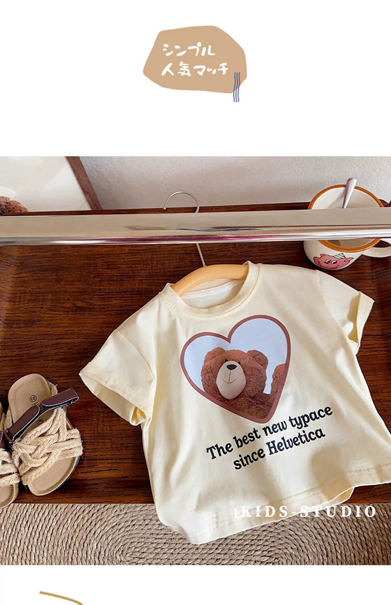 Children's Short Sleeve T-Shirt Cute Baby Cartoon Bear Mid and Small Boys and Girls Top