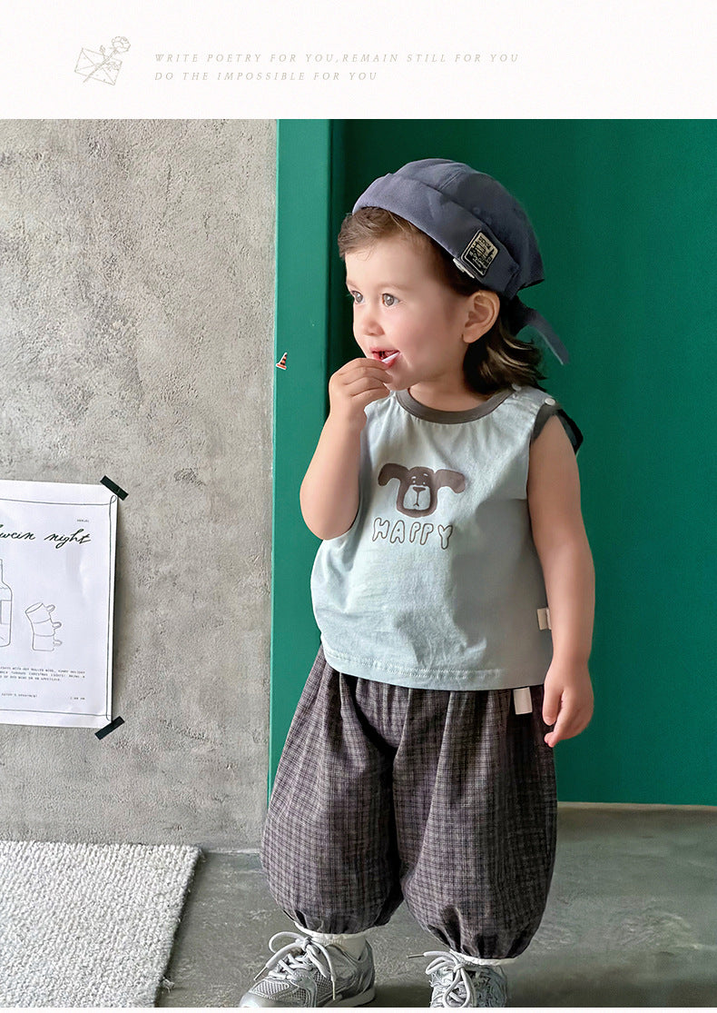 Two-Piece Set  Sleeveless Vest T-Shirt and Pants Thin Cotton Kids Clothing