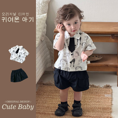 Stylish Cotton Shirt Top &amp; Casual Shorts, Trendy Two-Piece Suit for Kids