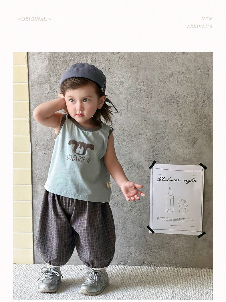 Two-Piece Set  Sleeveless Vest T-Shirt and Pants Thin Cotton Kids Clothing