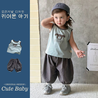 Two-Piece Set  Sleeveless Vest T-Shirt and Pants Thin Cotton Kids Clothing