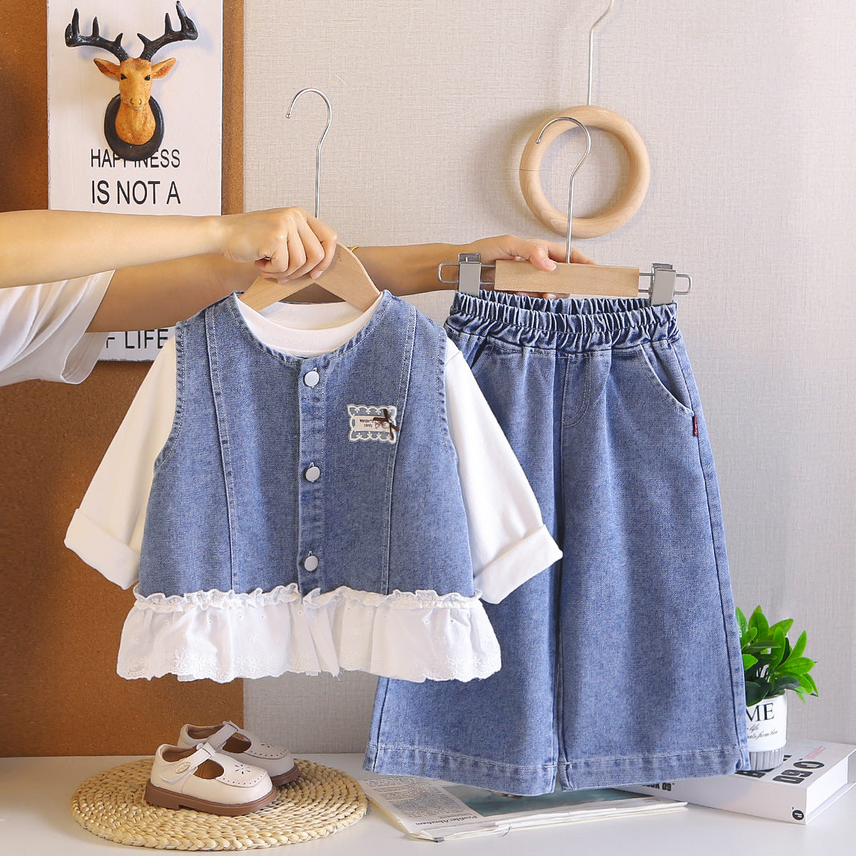 Cowboy vest girl baby long sleeved three piece set