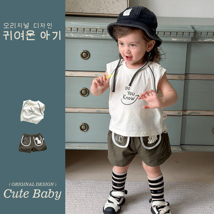 Stylish Letter Print Tank Top Cotton Shorts Two-Piece Set