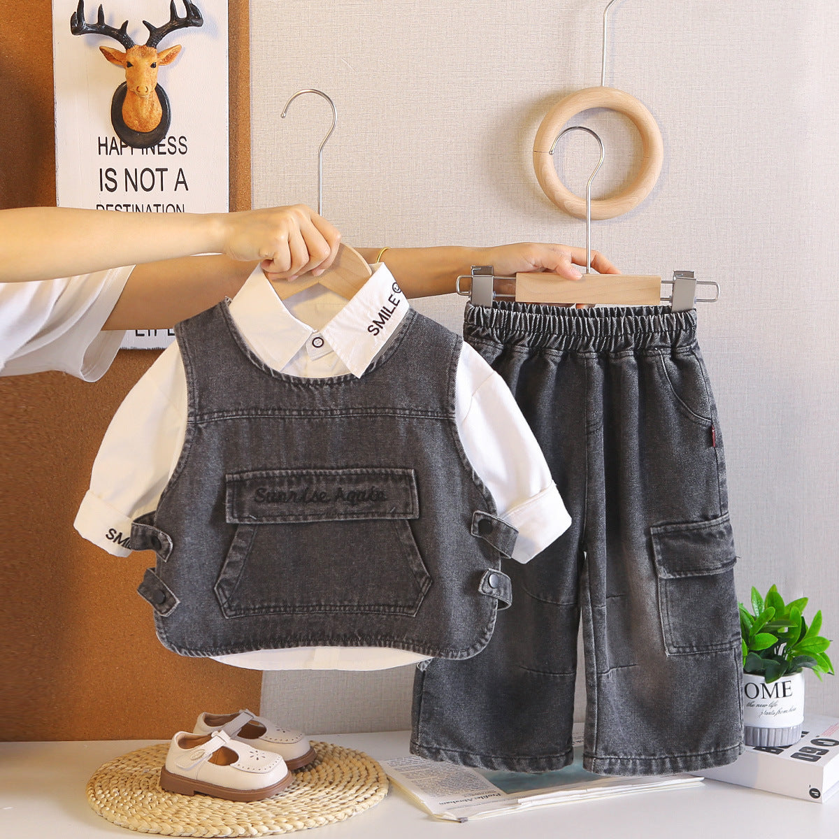Autumn denim vest long sleeved three piece set
