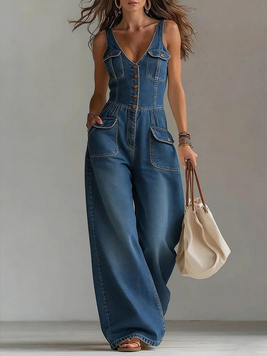 Washed Denim Straight Loose Sleeveless Strap Jumpsuit