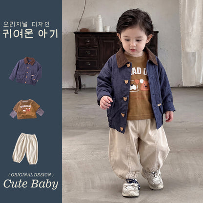 Children's Jacket Boys Flip Collar Jacket Printed T-Shirt Cuffed Pants  Children's Wear