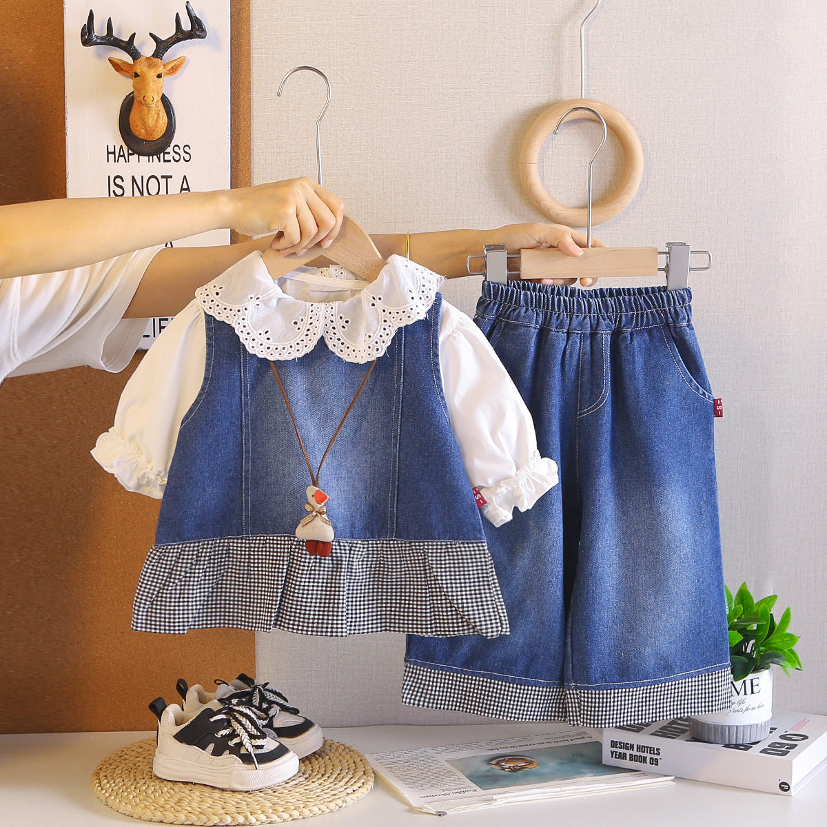 Baby girl denim vest long sleeved three piece set