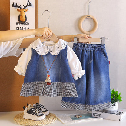 Baby girl denim vest long sleeved three piece set