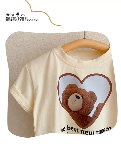 Children's Short Sleeve T-Shirt Cute Baby Cartoon Bear Mid and Small Boys and Girls Top