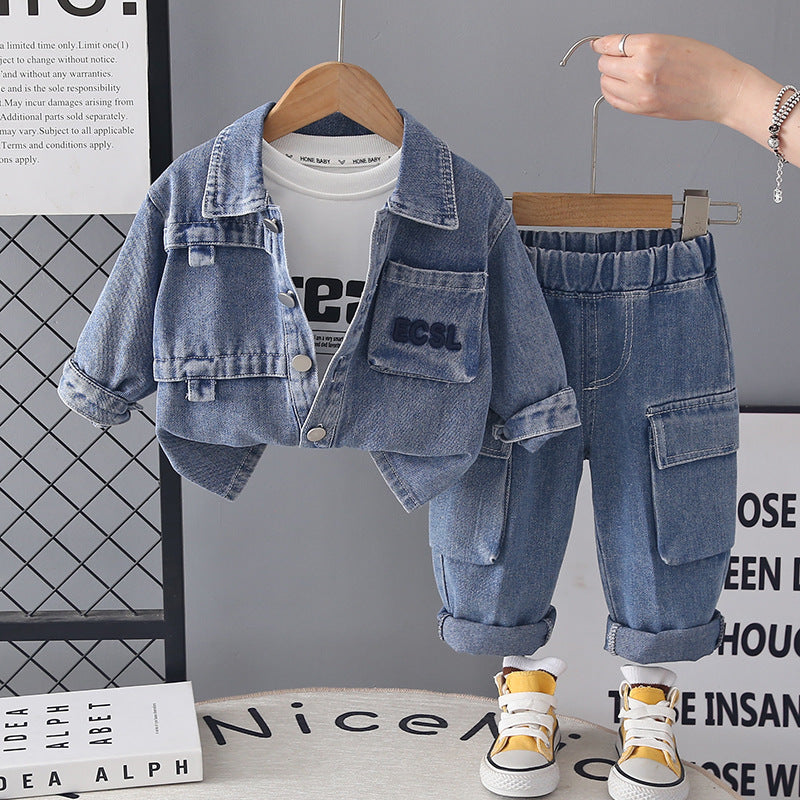 Cowboy coat baby autumn long sleeved three piece set