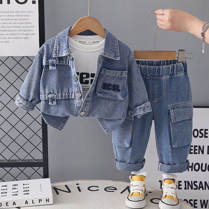 Cowboy coat baby autumn long sleeved three piece set