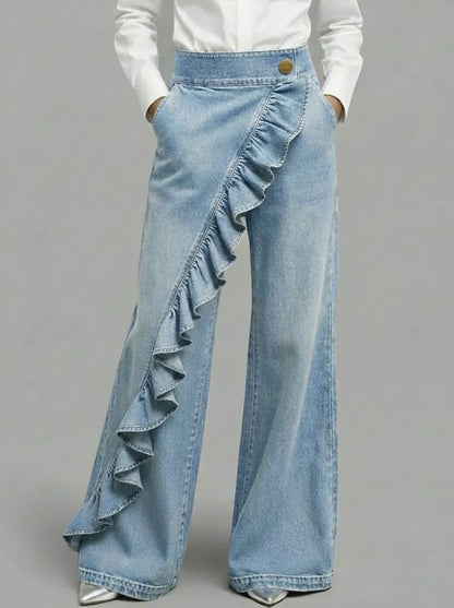 Vintage Irregular Mid-Waist Genuine Denim Pants for WomenSpring and Summer Fashion