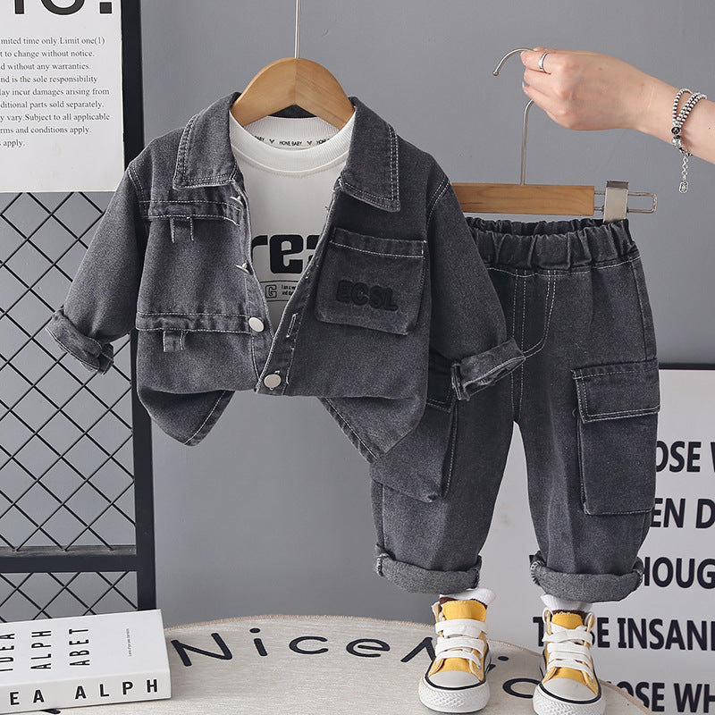 Cowboy coat baby autumn long sleeved three piece set
