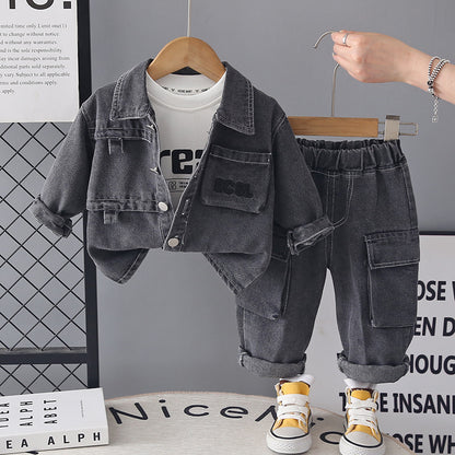 Cowboy coat baby autumn long sleeved three piece set