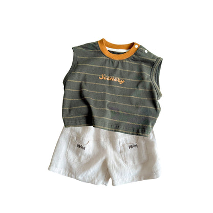 Cotton Linen Loose Shorts, Two-Piece Outfit for Little Boys, Sun Protection Clothing