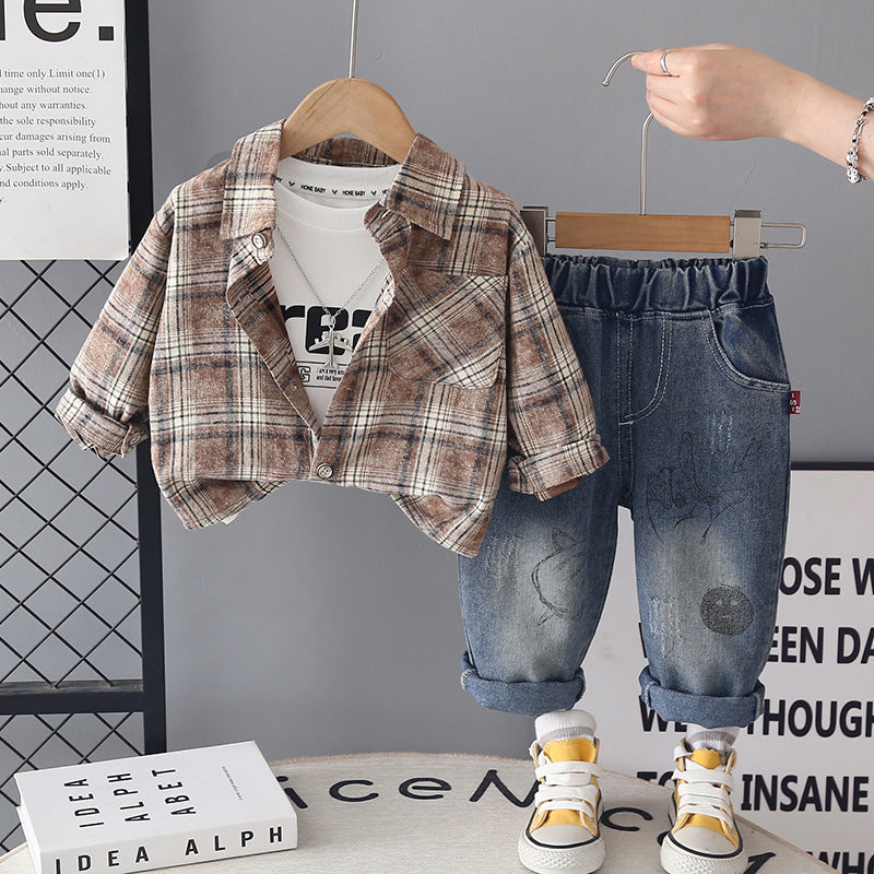 Children's plaid shirt long sleeved three piece set