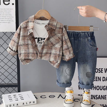 Children's plaid shirt long sleeved three piece set