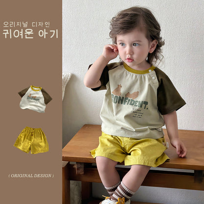 Two-Piece Set with Cartoon Letters Short Sleeve T-Shirt and Pure Cotton Shorts for Summer