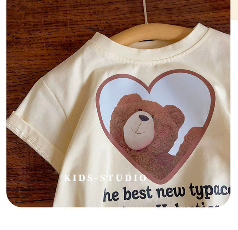 Children's Short Sleeve T-Shirt Cute Baby Cartoon Bear Mid and Small Boys and Girls Top
