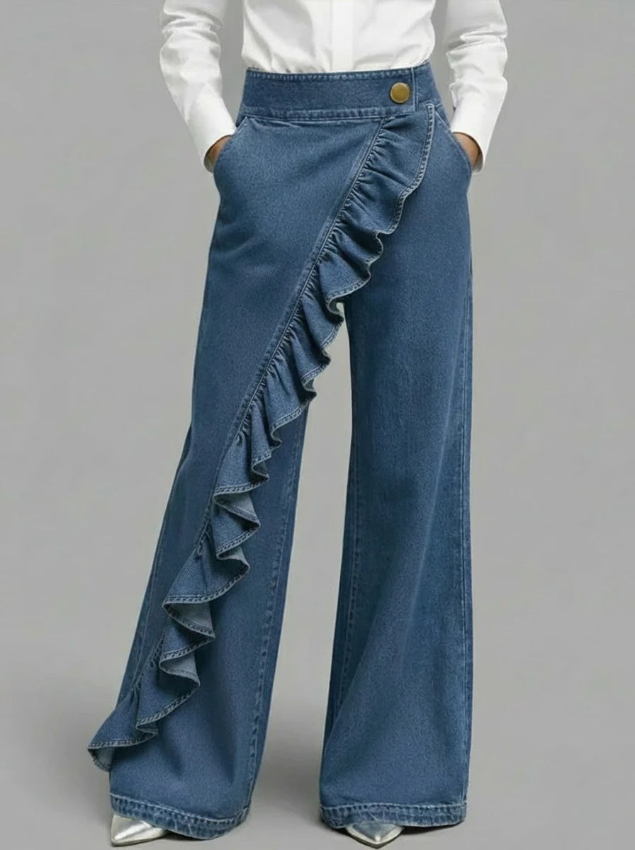 Vintage Irregular Mid-Waist Genuine Denim Pants for WomenSpring and Summer Fashion
