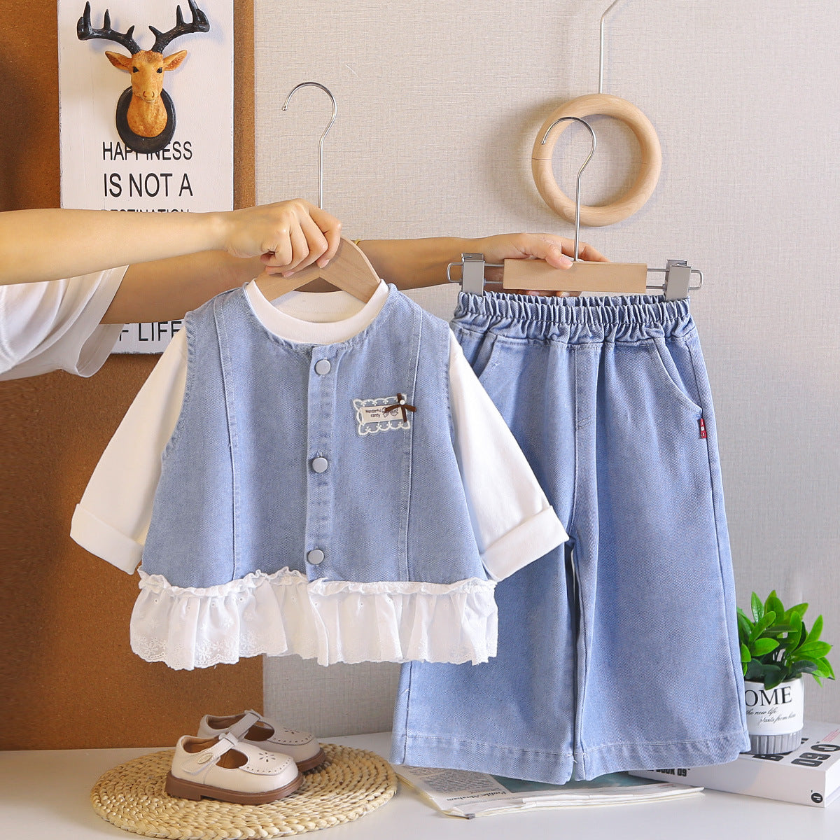Cowboy vest girl baby long sleeved three piece set