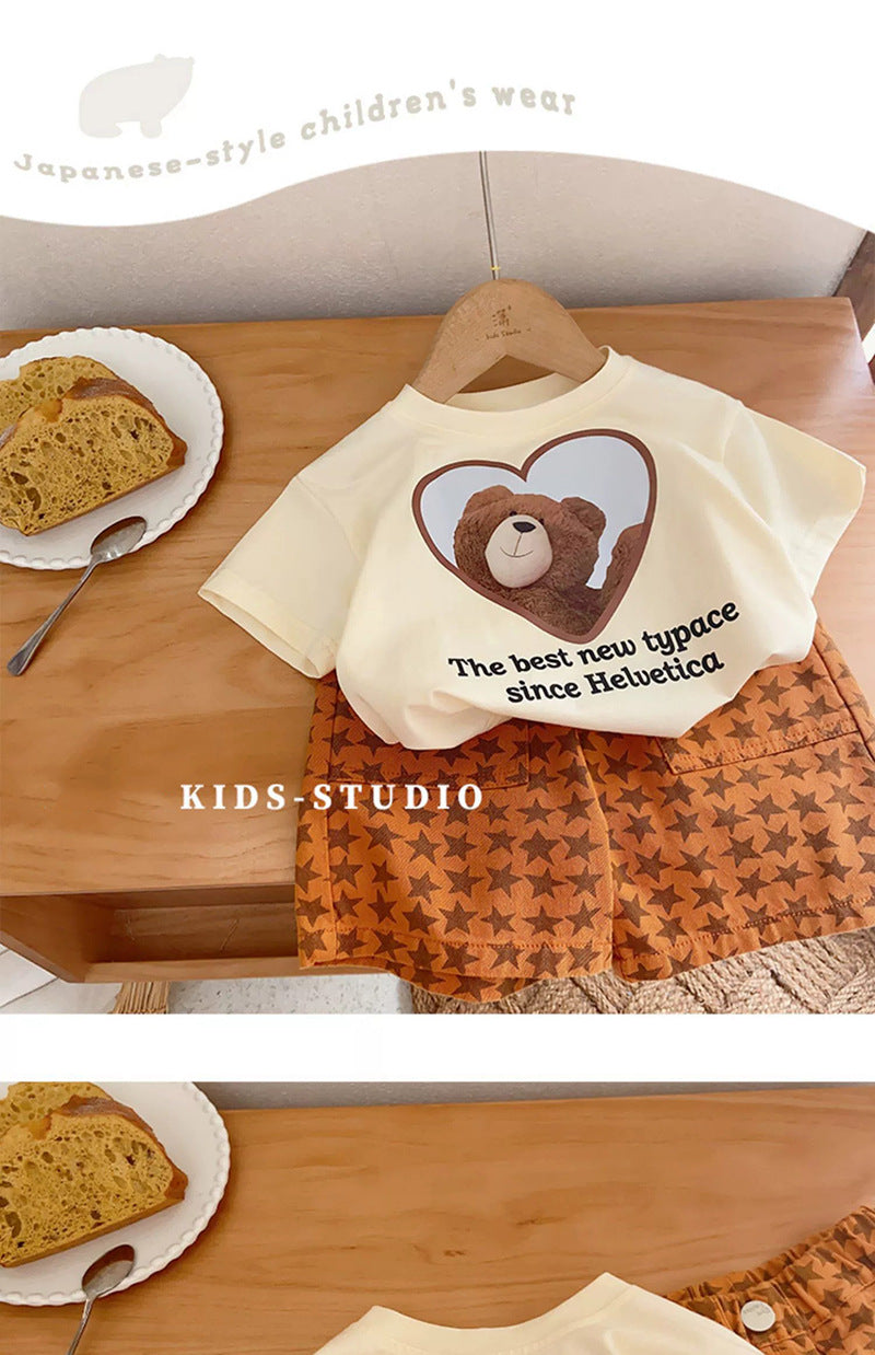 Children's Short Sleeve T-Shirt Cute Baby Cartoon Bear Mid and Small Boys and Girls Top