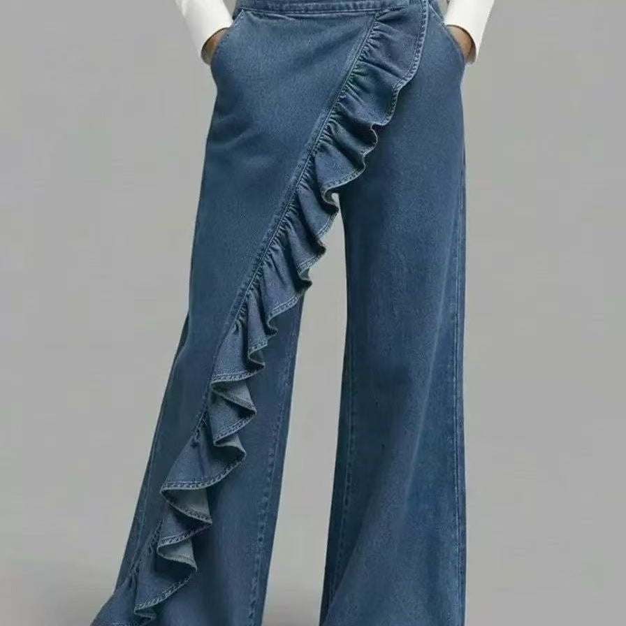 Vintage Irregular Mid-Waist Genuine Denim Pants for WomenSpring and Summer Fashion