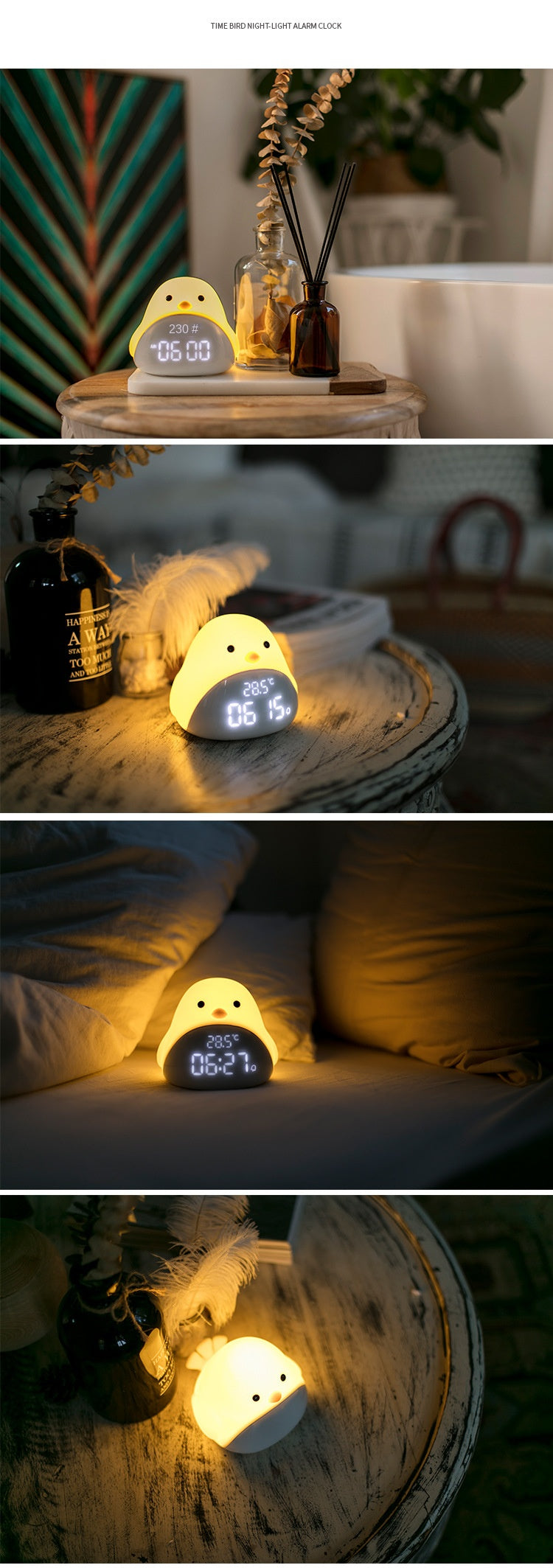 Time Bird LED Bedside Alarm Clock with Night Light – Cartoon Quiet Electronic Clock with USB Charging for Bedroom, Student Desk & Dormitory