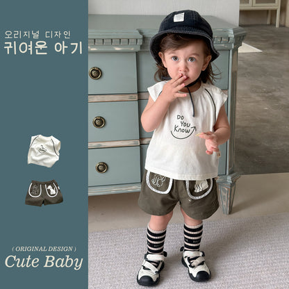 Stylish Letter Print Tank Top Cotton Shorts Two-Piece Set