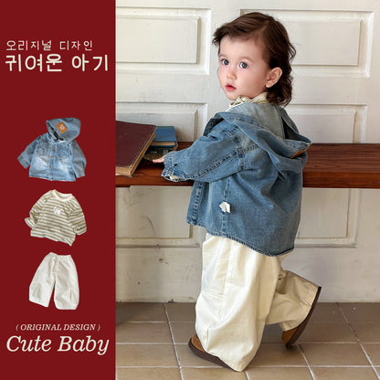 Casual Cartoon Print Tee Denim Jacket  Pants 3-Piece Outfit for Boys