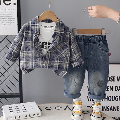 Children's plaid shirt long sleeved three piece set
