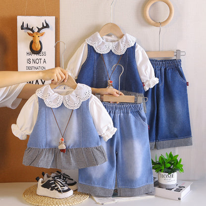 Baby girl denim vest long sleeved three piece set