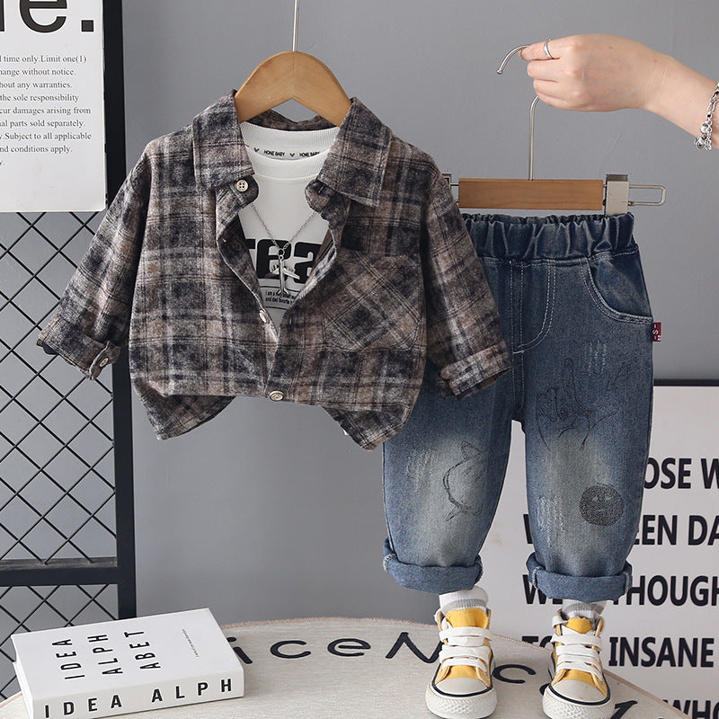 Children's plaid shirt long sleeved three piece set