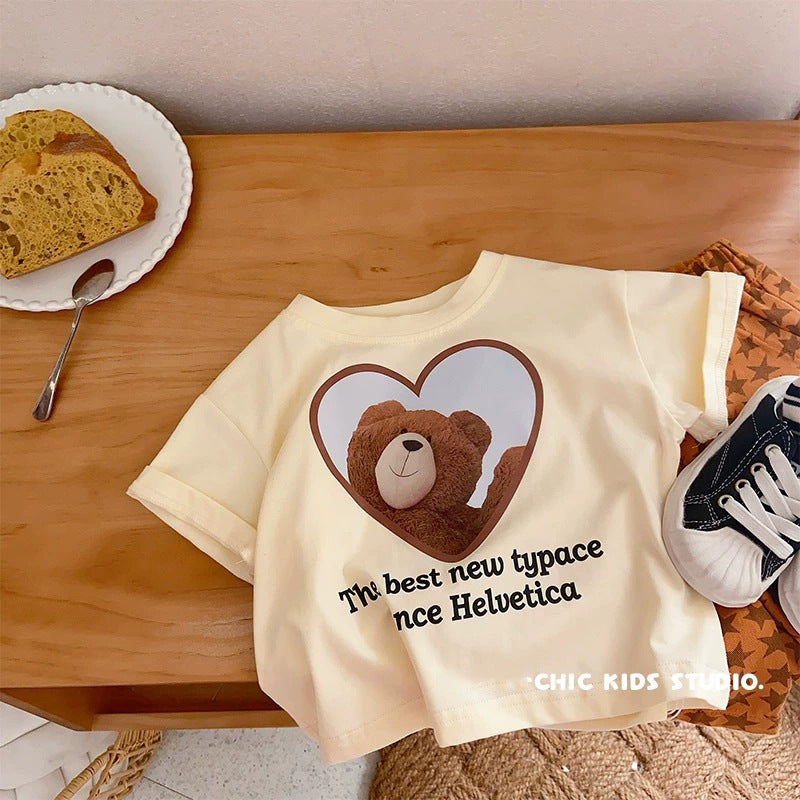 Children's Short Sleeve T-Shirt Cute Baby Cartoon Bear Mid and Small Boys and Girls Top
