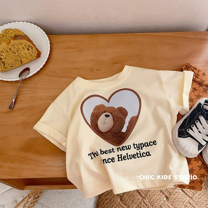 Children's Short Sleeve T-Shirt Cute Baby Cartoon Bear Mid and Small Boys and Girls Top