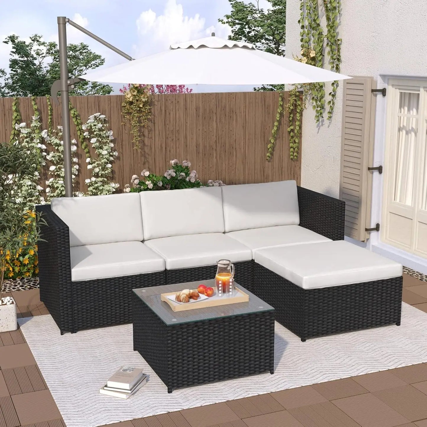 5pcs Rattan Garden Outdoor Furniture Patio Sofa Set Glass Coffee Table Outdoor Cushions for Garden or Conservato Rupert