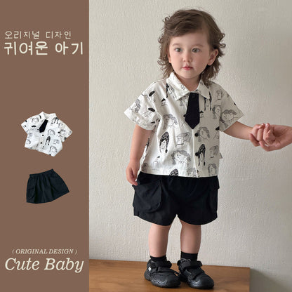 Stylish Cotton Shirt Top &amp; Casual Shorts, Trendy Two-Piece Suit for Kids