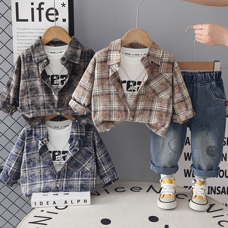 Children's plaid shirt long sleeved three piece set