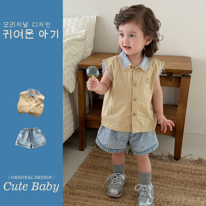 Plaid Turn-Down Collar Vest Shirt with Loose Denim Shorts for Toddler Boys Summer Wear