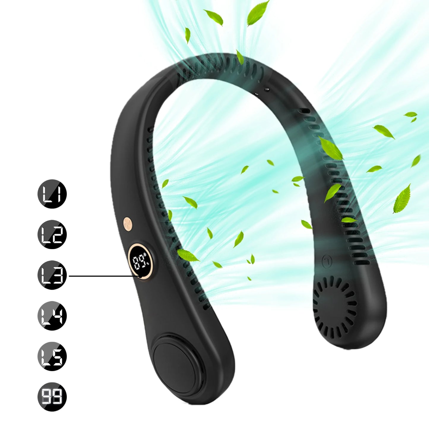 LED Digital Display USB Wearable Fan Summer Portable Mini Hanging Neck Fan Bladeless Neckband Fan Power Air Cooler USB Rechargeable Electric Fans