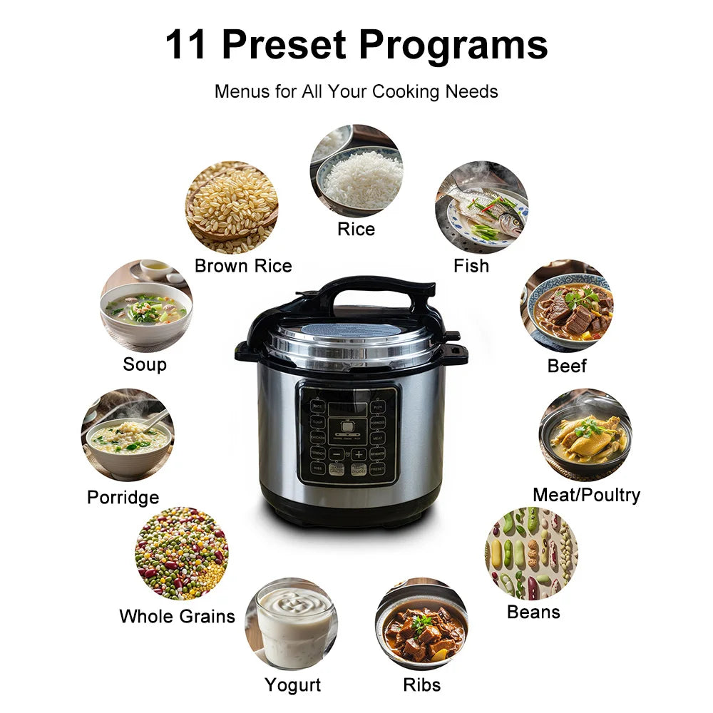 6L Smart Electric Pressure Cooker & Rice Cooker Stainless Steel Body 24 Hours Delay Timer Multi-function Soup Stew Yogurt Maker